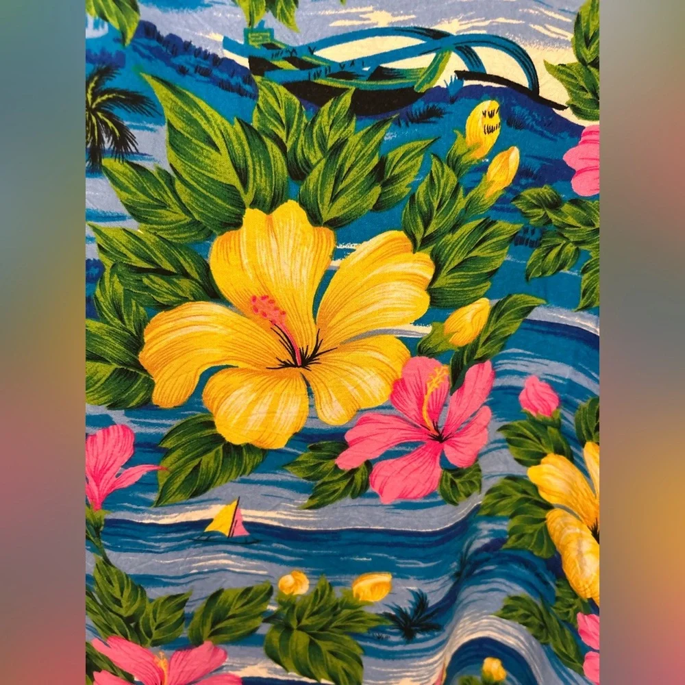 Rum Jungle Hawaiian Shirt. Made in Indonesia. Hibiscus flower/ocean print. XL